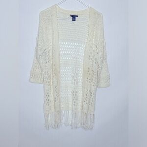 Chelsea & Theodore Women’s Size L White 3/4 Sleeve Cardigan , Fringe bottom